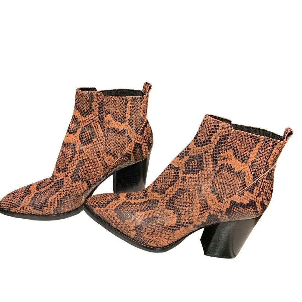 Marc Fisher Snakeskin Print Ankle‎ Boot Alva 2 Leather Block Heel Brown/Blk 8M - Picture 2 of 10